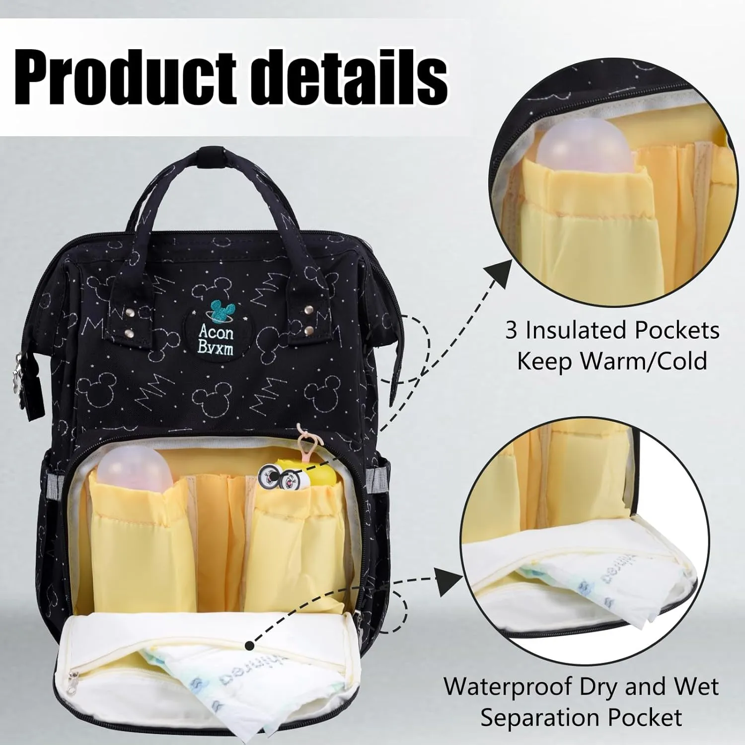 Diaper Bag Backpack Multifunction Large Bags with Changing Pad & Stroller Straps Pacifier Case Unisex(Black Mickey)