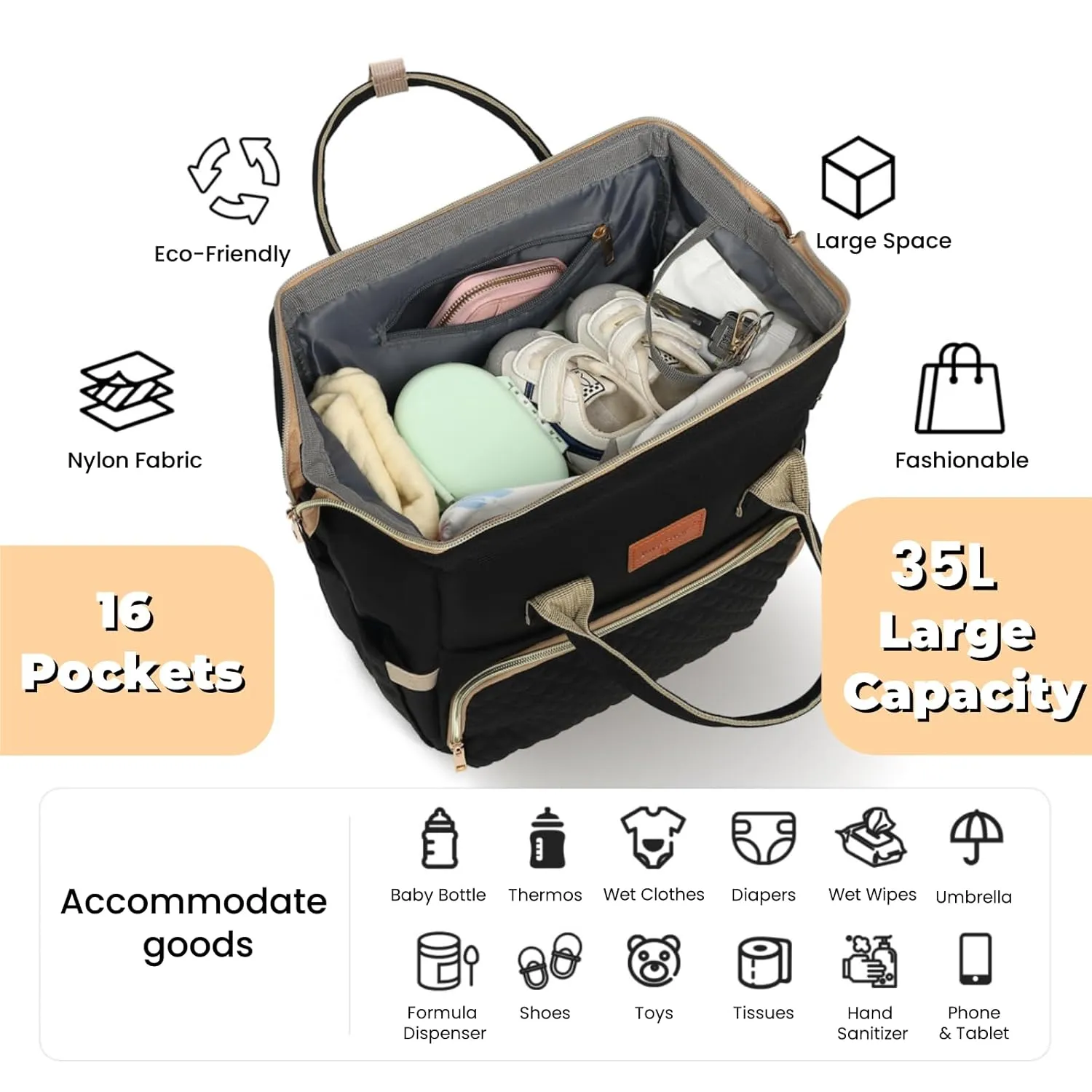 Diaper Bag Backpack with Changing Pad Pacifier Case, Baby Bag for Boy Girl Toddler - Large, Stylish, Waterproof Travel Diaper Bag for Mom - Baby Shower Gifts - Black