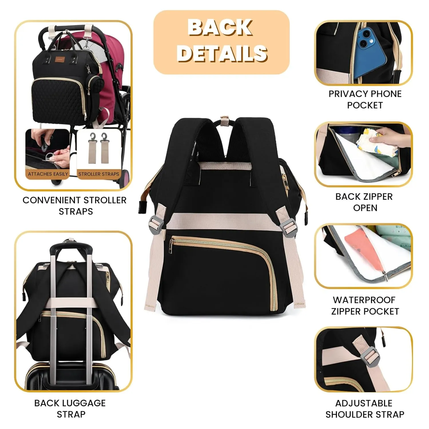 Diaper Bag Backpack with Changing Pad Pacifier Case, Baby Bag for Boy Girl Toddler - Large, Stylish, Waterproof Travel Diaper Bag for Mom - Baby Shower Gifts - Black