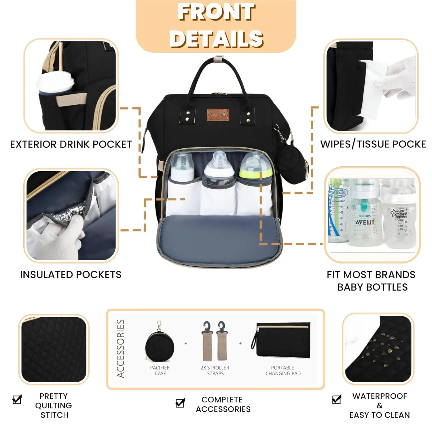 Diaper Bag Backpack with Changing Pad Pacifier Case, Baby Bag for Boy Girl Toddler - Large, Stylish, Waterproof Travel Diaper Bag for Mom - Baby Shower Gifts - Black