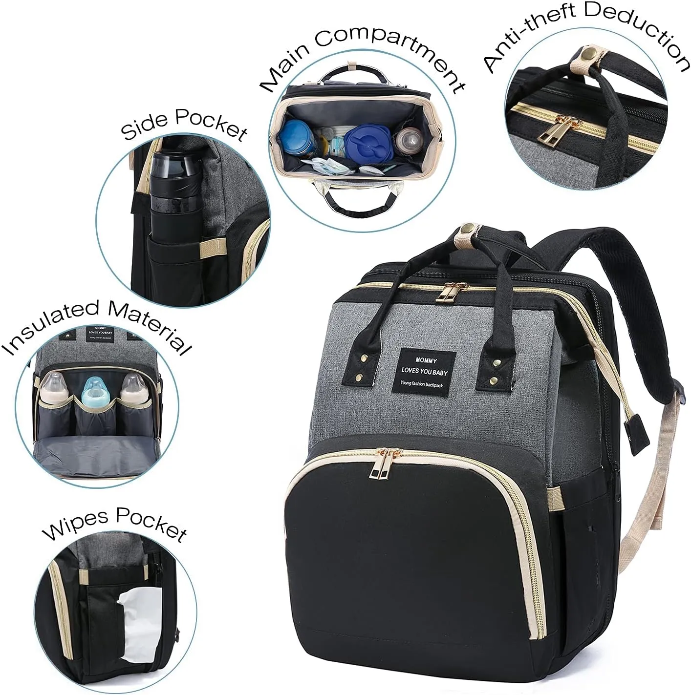 Diaper Bag Backpack with Changing Station, Large Baby Diaper Bag, Multifunctional Travel Diaper Waterproof Backpack for Baby Boy & Girls, with Portable Diaper Pad, Black Grey