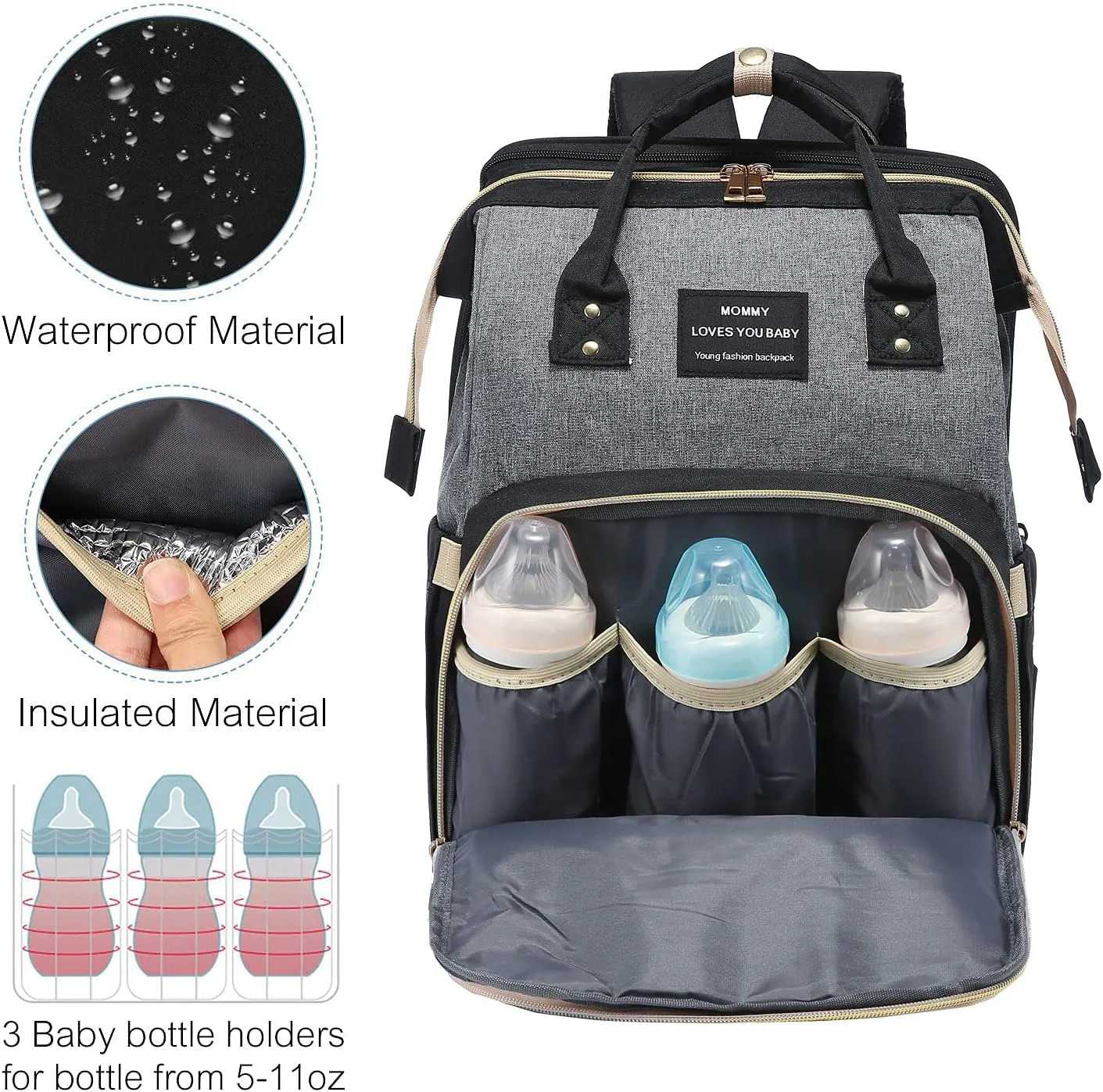 Diaper Bag Backpack with Changing Station, Large Baby Diaper Bag, Multifunctional Travel Diaper Waterproof Backpack for Baby Boy & Girls, with Portable Diaper Pad, Black Grey