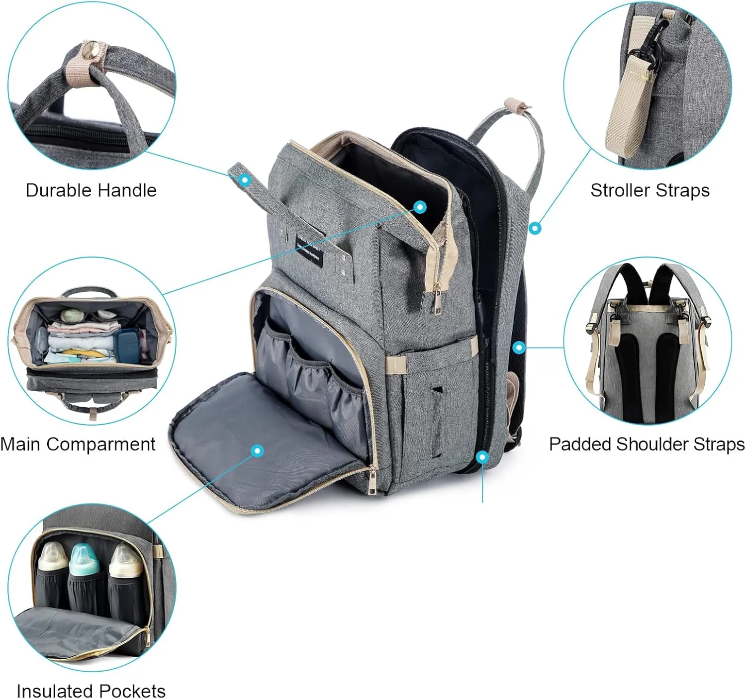 Diaper Bag Backpack with Changing Station, Large Baby Diaper Bag, Multifunctional Travel Diaper Waterproof Backpack for Baby Boy & Girls, with Portable Diaper Pad, Black Grey