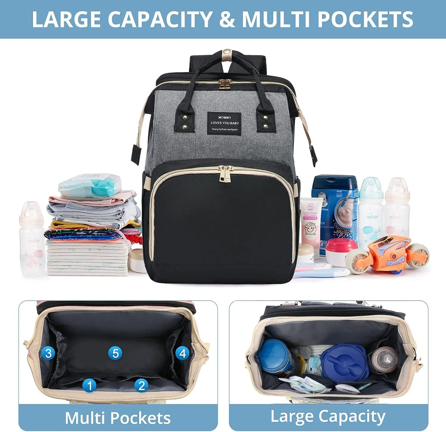 Diaper Bag Backpack with Changing Station, Large Baby Diaper Bag, Multifunctional Travel Diaper Waterproof Backpack for Baby Boy & Girls, with Portable Diaper Pad, Black Grey