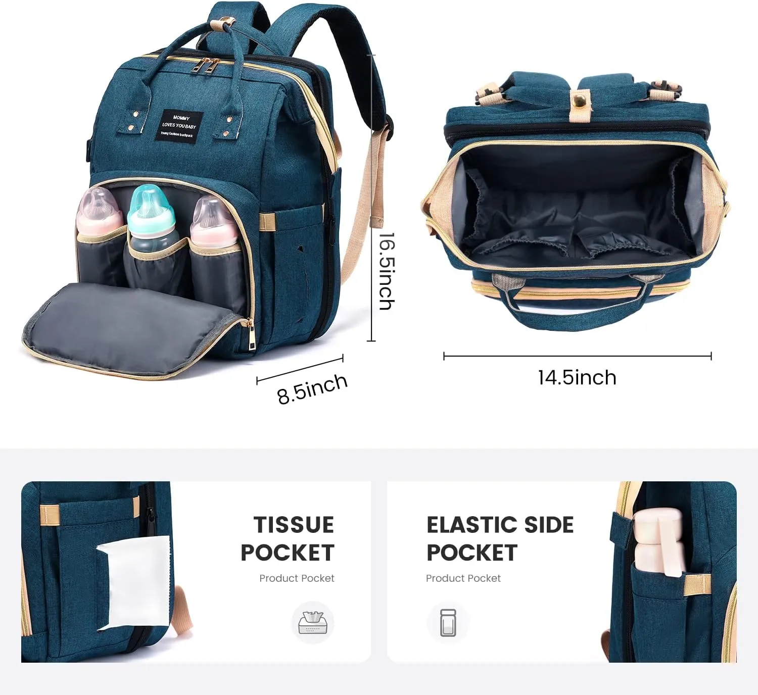 Diaper Bag Backpack with Changing Station, Large Baby Diaper Bag, Multifunctional Travel Diaper Waterproof Backpack for Baby Boy & Girls, with Portable Diaper Pad, Blue