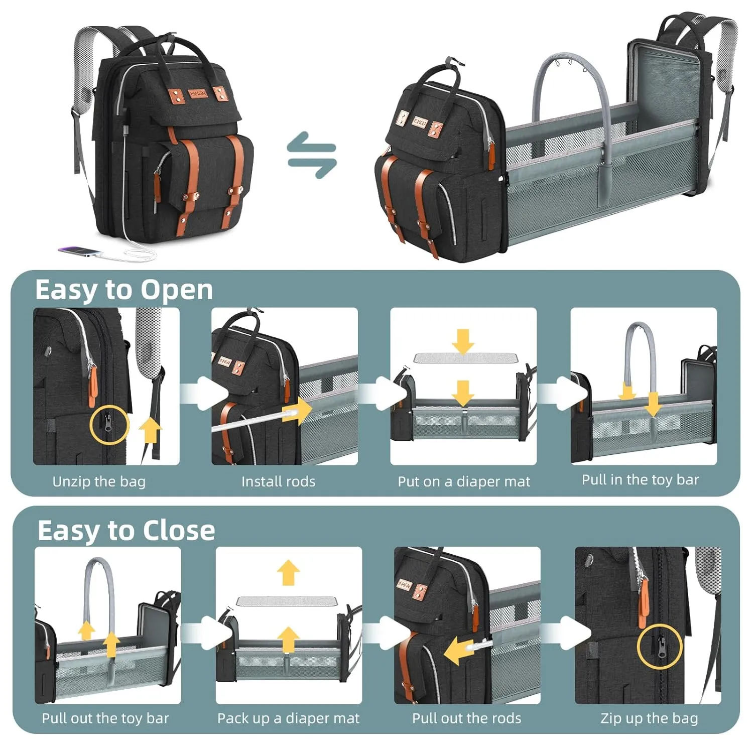 Diaper Bag Backpack with Changing Station, Large Diaper Bag, Baby Bag, Multifunctional Diaper Bag, Black