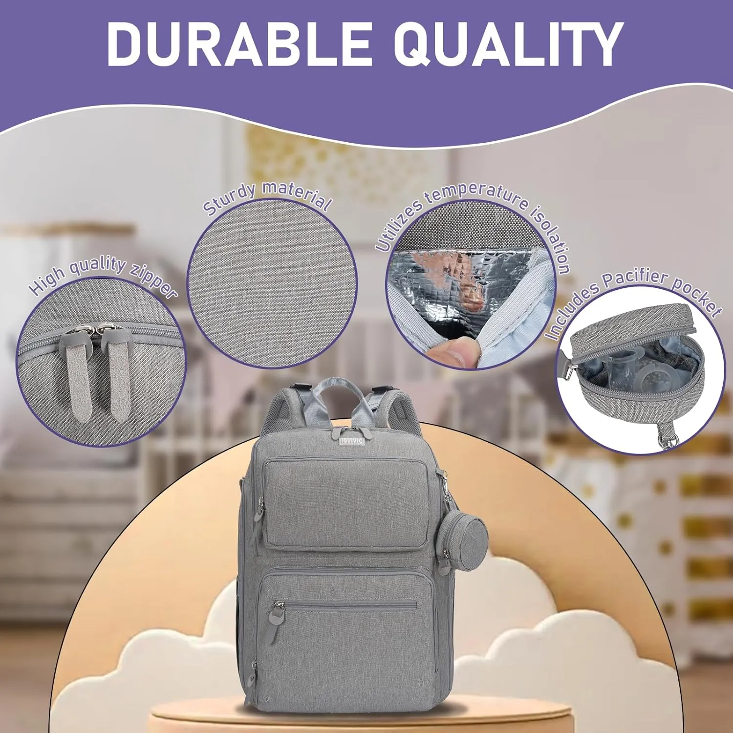 Diaper Bag Large Capacity Diaper Backpack Multi-Function Baby Diaper Bag For Dad And Mom With Insulated Pockets, Stroller Straps，Grey