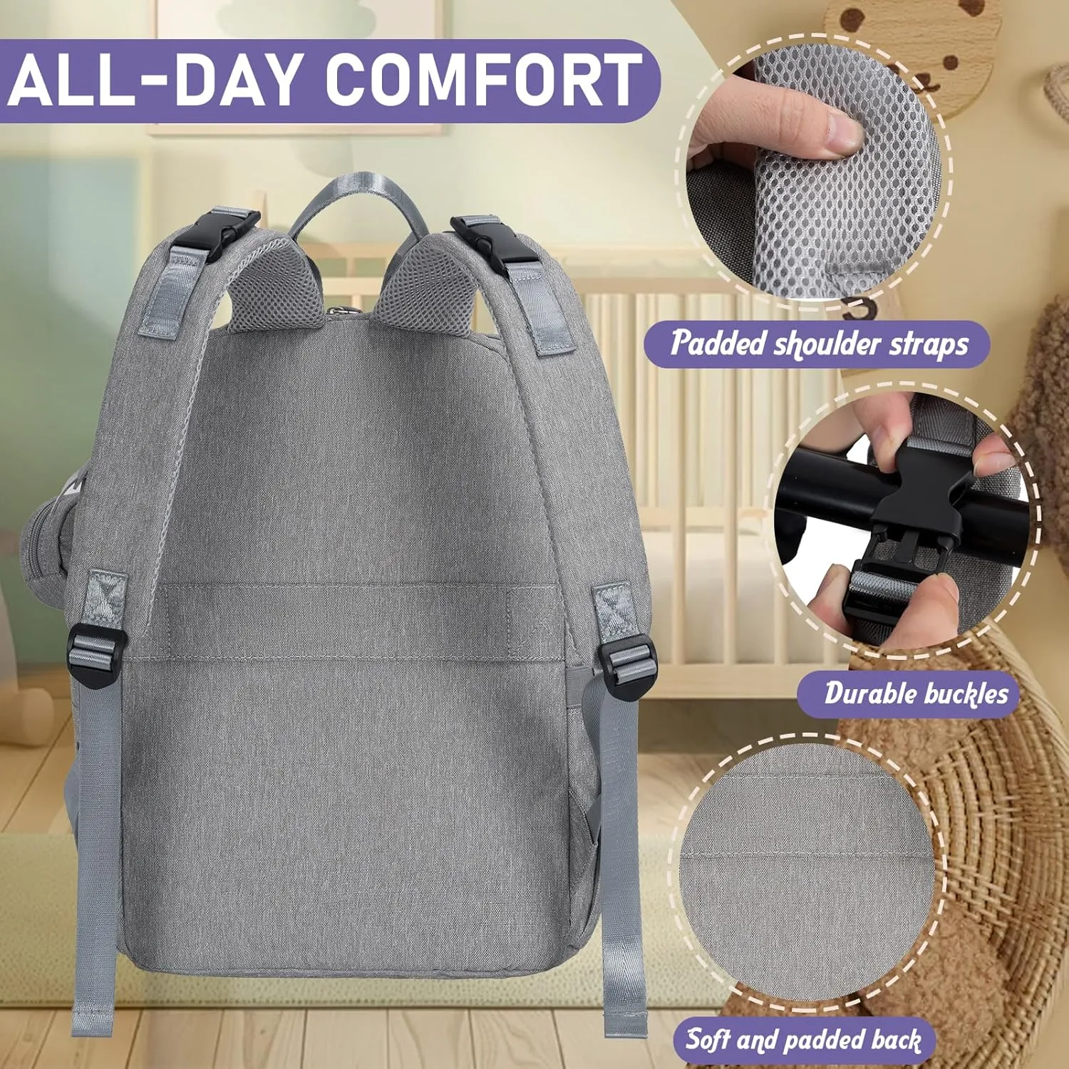 Diaper Bag Large Capacity Diaper Backpack Multi-Function Baby Diaper Bag For Dad And Mom With Insulated Pockets, Stroller Straps，Grey