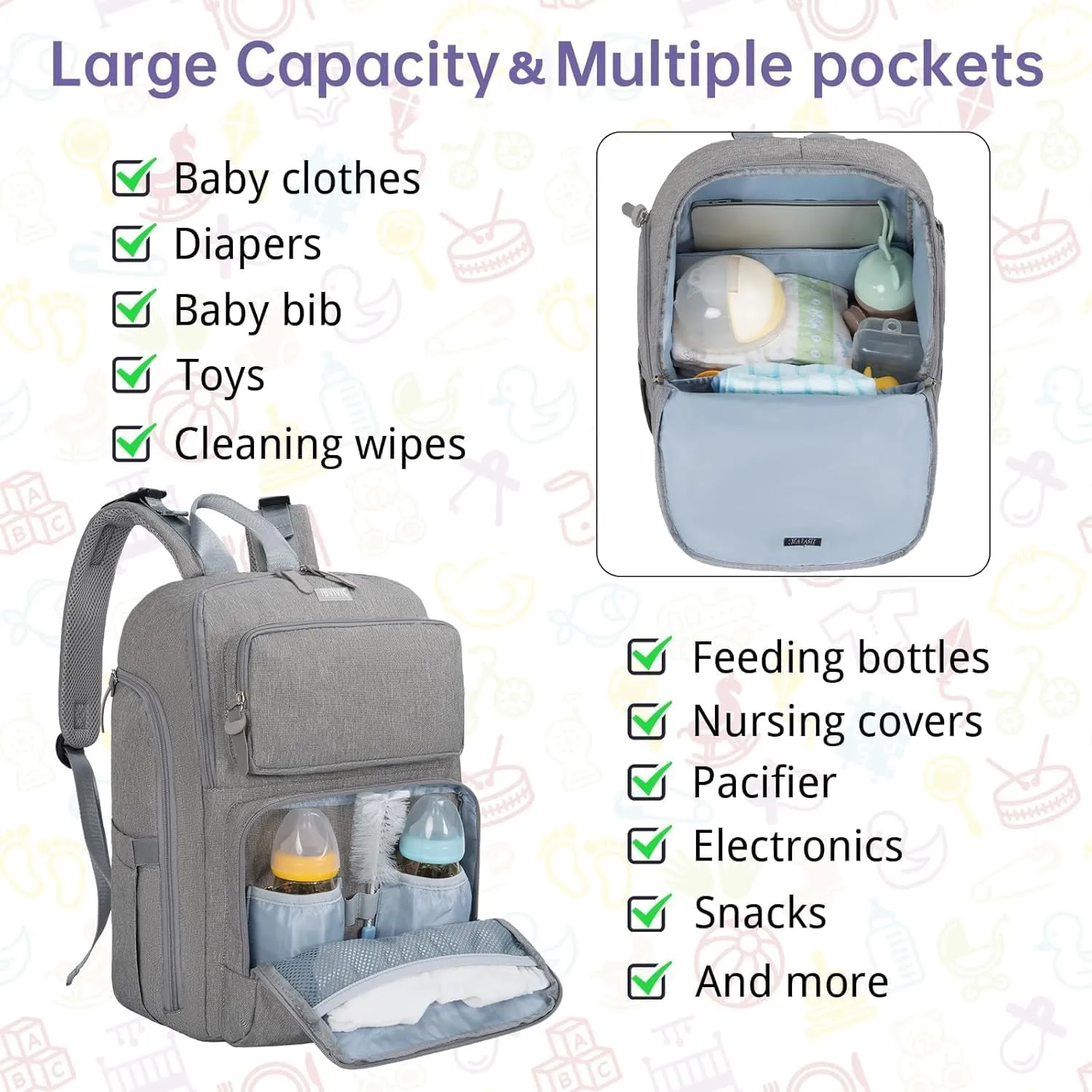 Diaper Bag Large Capacity Diaper Backpack Multi-Function Baby Diaper Bag For Dad And Mom With Insulated Pockets, Stroller Straps，Grey