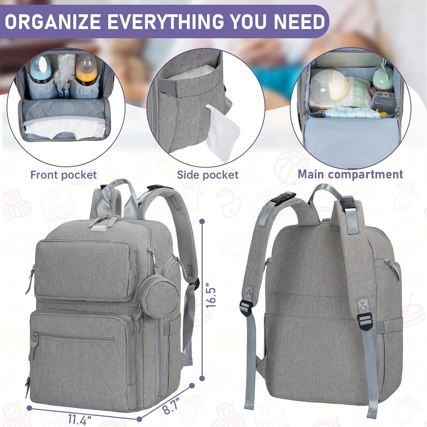 Diaper Bag Large Capacity Diaper Backpack Multi-Function Baby Diaper Bag For Dad And Mom With Insulated Pockets, Stroller Straps，Grey