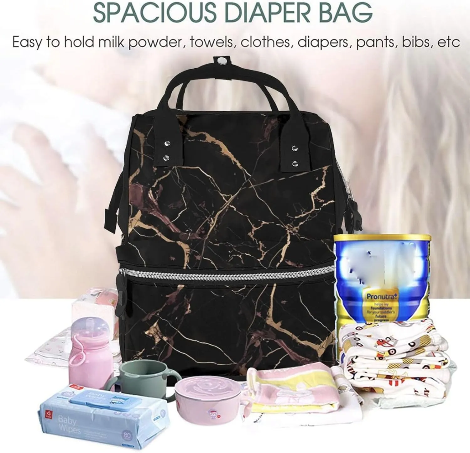 Diaper Bag Nappy Backpack Baby Bag Ocean Shark Mummy Backpack Multifunction Changing Bags for Travel, Black Gold Marble, One Size