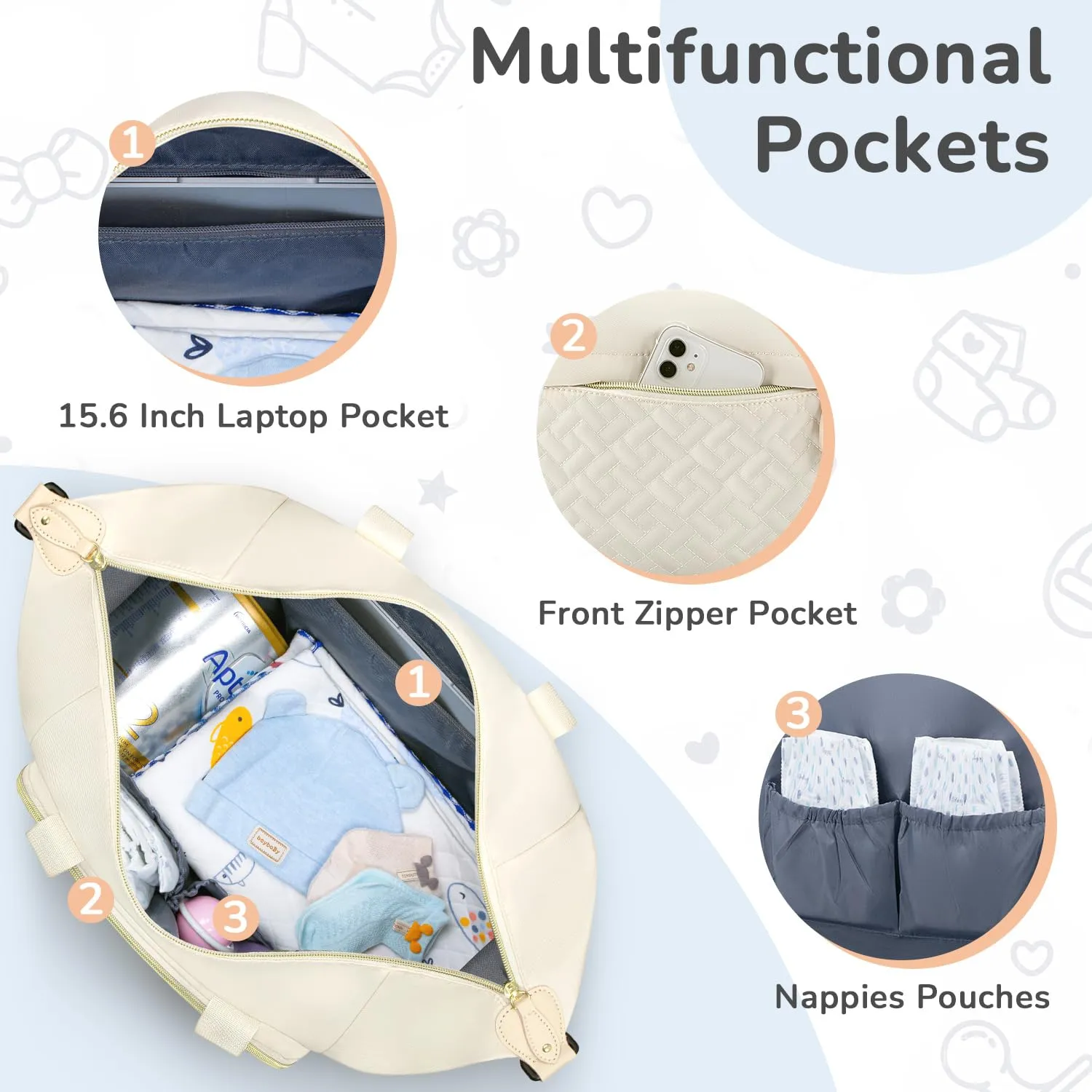 Diaper Bag Tote, Baby Bag Travel Diaper Tote Bag with Pacifier Case, Cute Maternity Hospital Baby Stylish Diaper Tote for Mom Dad Beige