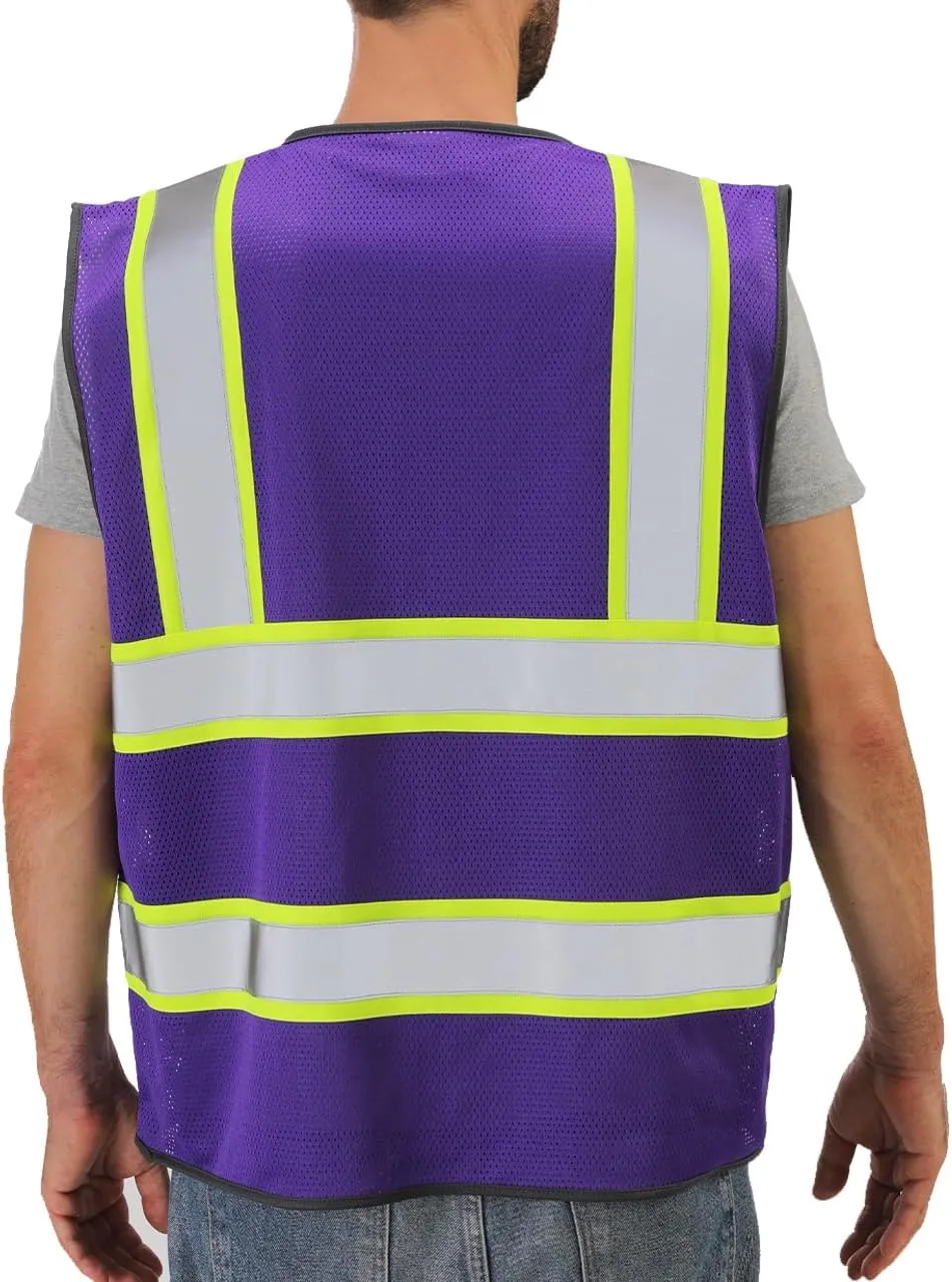 Dib Safety Reflective Mesh Vest High Visibility Two Tone with Pockets and Zipper, Purple Mesh with Yellow Trim L