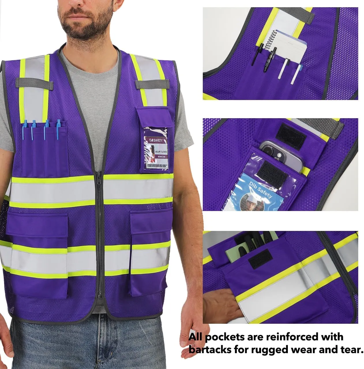 Dib Safety Reflective Mesh Vest High Visibility Two Tone with Pockets and Zipper, Purple Mesh with Yellow Trim L