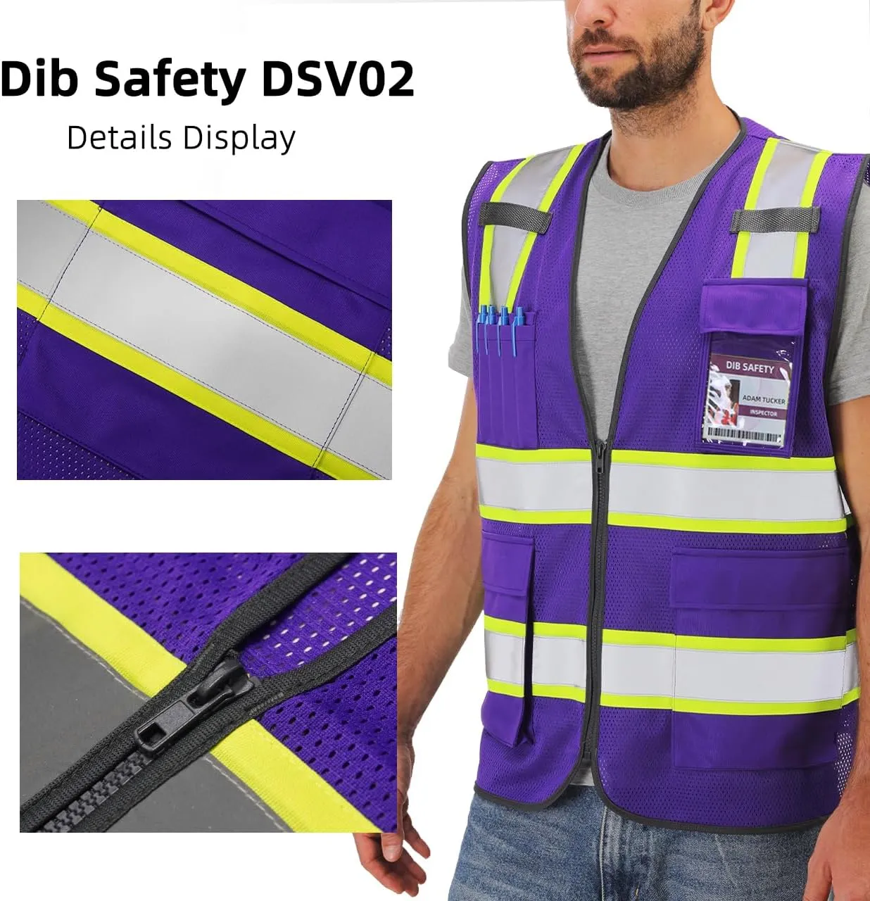 Dib Safety Reflective Mesh Vest High Visibility Two Tone with Pockets and Zipper, Purple Mesh with Yellow Trim L
