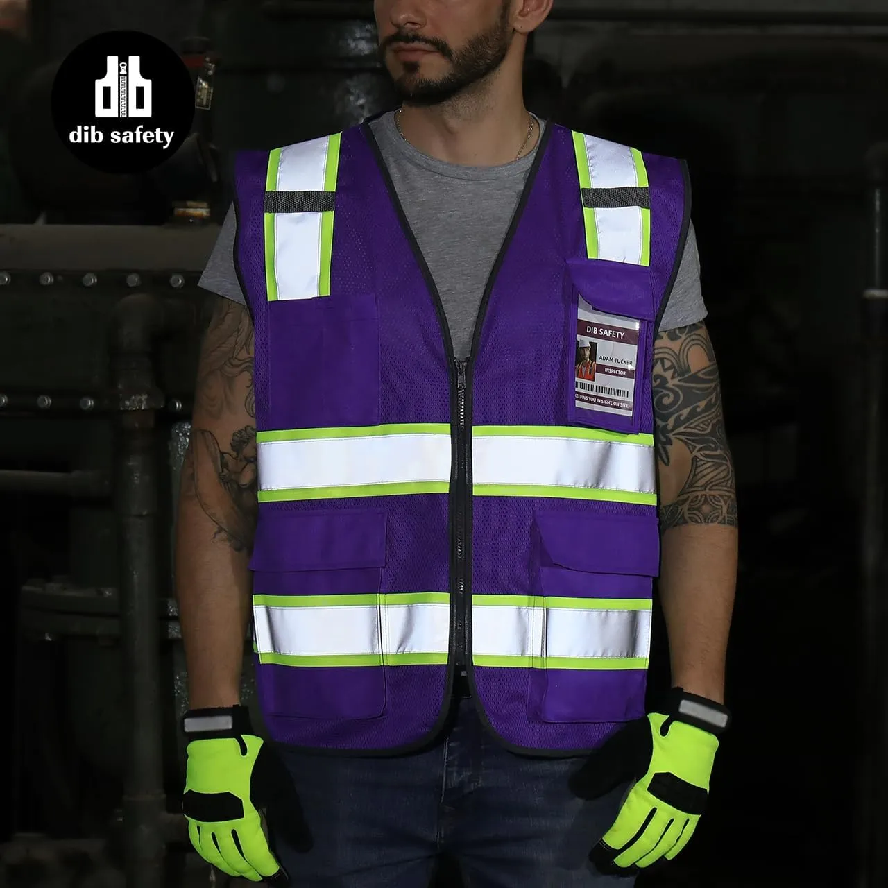 Dib Safety Reflective Mesh Vest High Visibility Two Tone with Pockets and Zipper, Purple Mesh with Yellow Trim L