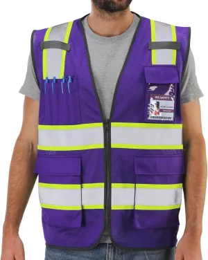 Dib Safety Reflective Mesh Vest High Visibility Two Tone with Pockets and Zipper, Purple Mesh with Yellow Trim L