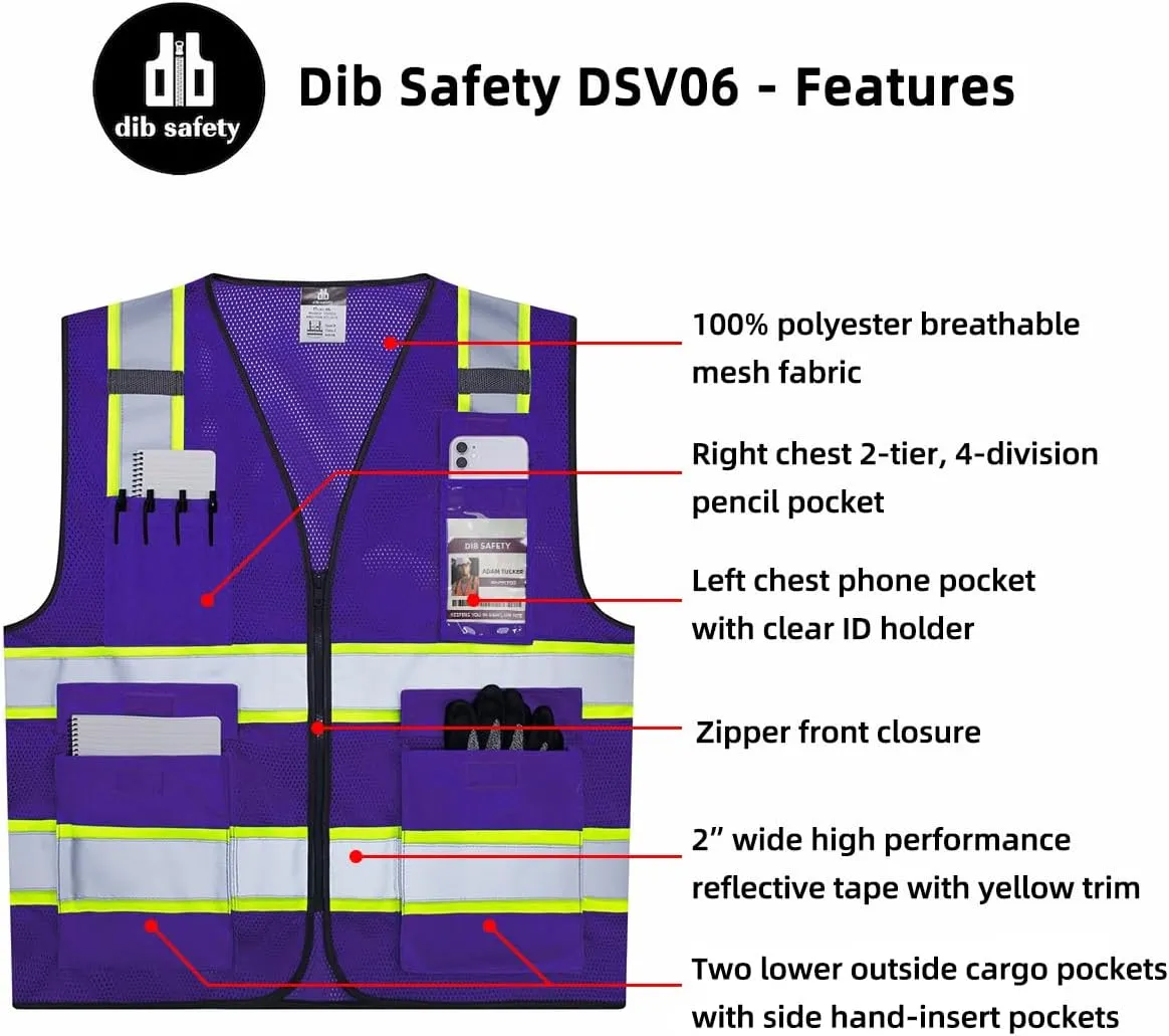 Dib Safety Reflective Mesh Vest High Visibility Two Tone with Pockets and Zipper, Purple Mesh with Yellow Trim L