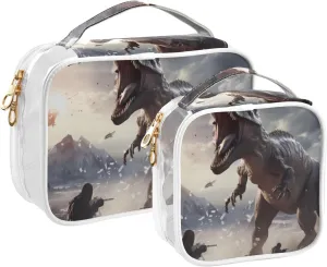 Dinosaur Battle Travel Toiletry Bag for Women 2 Pack Clear Makeup Bag with Handles Waterproof Cosmetic Bag
