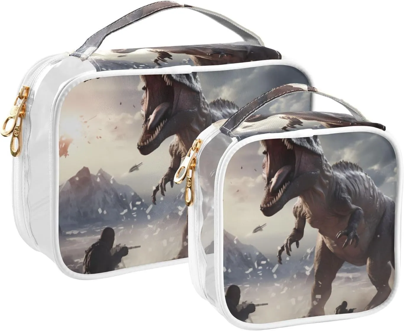 Dinosaur Battle Travel Toiletry Bag for Women 2 Pack Clear Makeup Bag with Handles Waterproof Cosmetic Bag