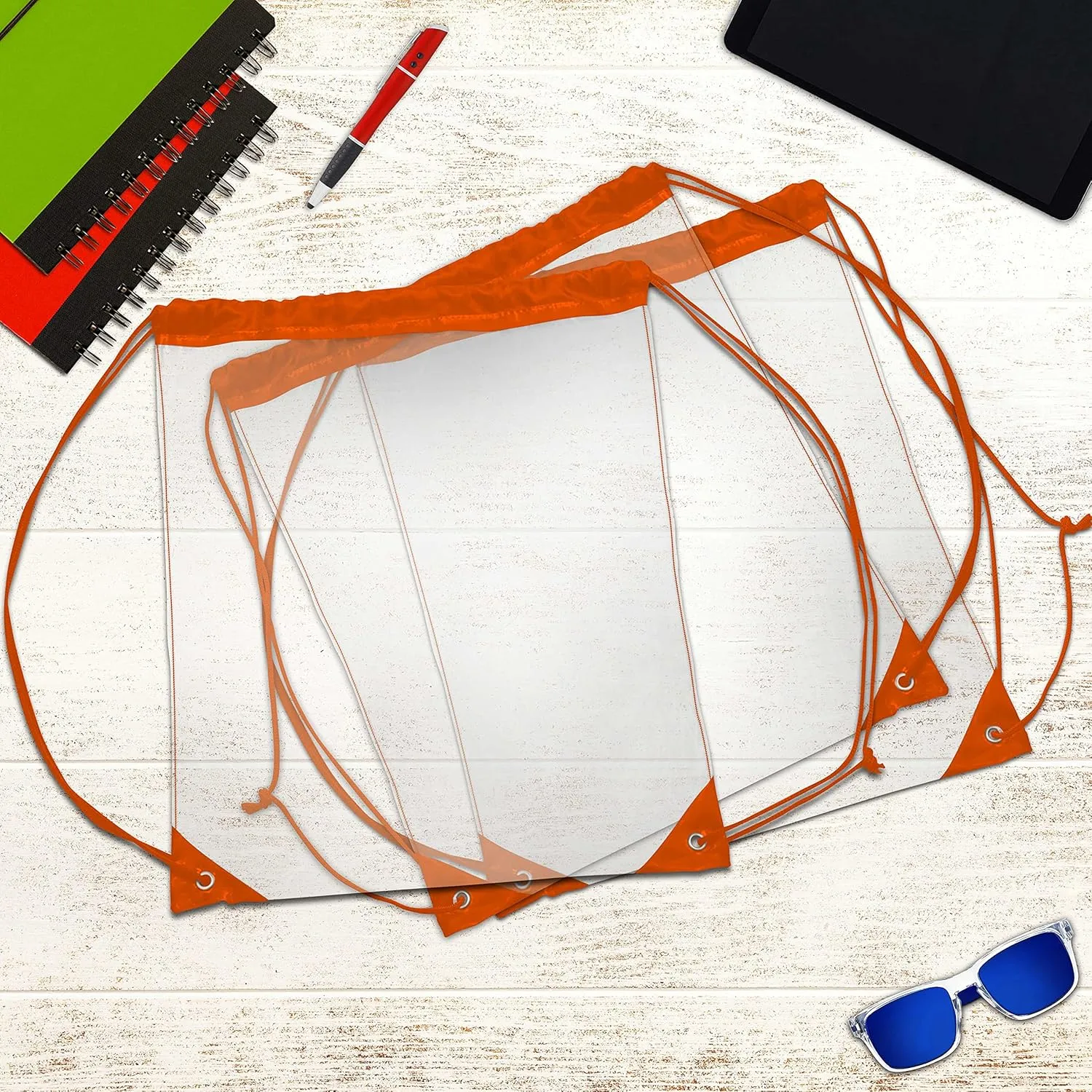 DISCOUNT PROMOS Plastic Drawstring Backpacks Set of 10, Bulk Pack - Multi-Functional, Drawstring, Perfect for Travel, Gym, and More - Orange