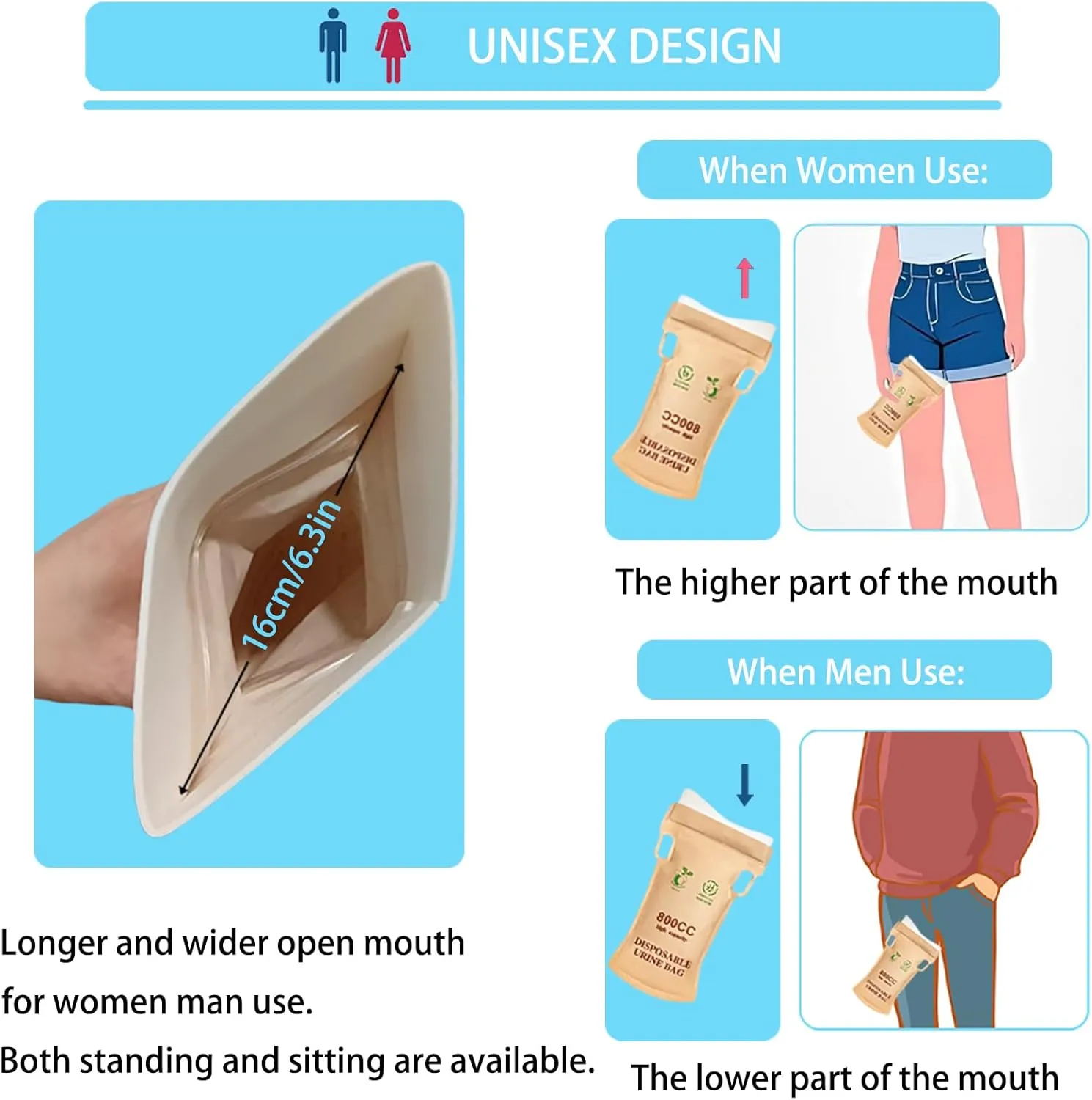 Disposable Urine Bags，800ml Widen The Opening Emergency Portable Urinal Bag and Vomit Bags for Women/Men,Travel Toilet Unisex Urinal Bag for Camping, Traffic Jams, Pregnant, Patient, Kids