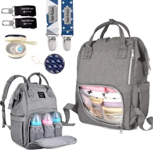 Dodo Babies Diaper Bag Backpack Set - Insulated & Waterproof Pockets - Plus Two Pacifier Clips, Binky Case & Stroller Straps (Blue/Grey)