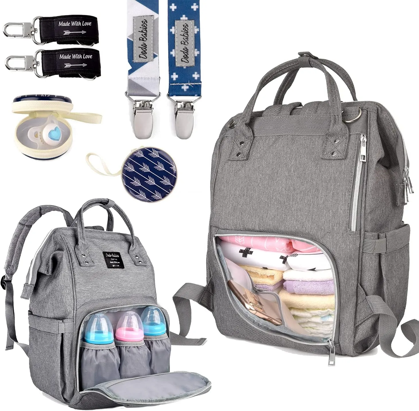 Dodo Babies Diaper Bag Backpack Set - Insulated & Waterproof Pockets - Plus Two Pacifier Clips, Binky Case & Stroller Straps (Blue/Grey)