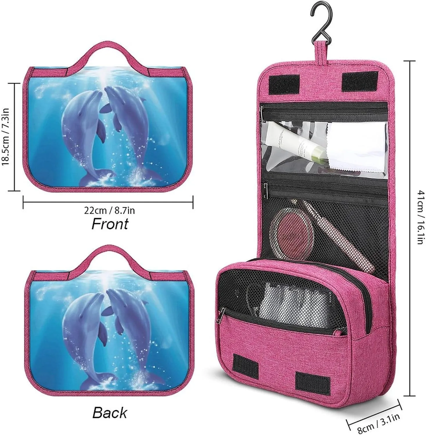 Dolphins in Love Travel Toiletry Bag for Women,Hanging Toiletry Organizer with Hook, Makeup Bag Travel Organizer for Shampoo,Toiletriesl
