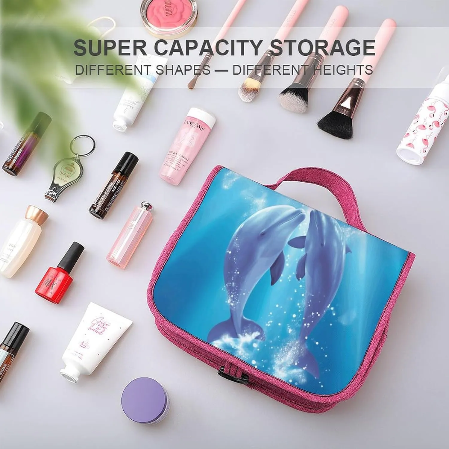 Dolphins in Love Travel Toiletry Bag for Women,Hanging Toiletry Organizer with Hook, Makeup Bag Travel Organizer for Shampoo,Toiletriesl