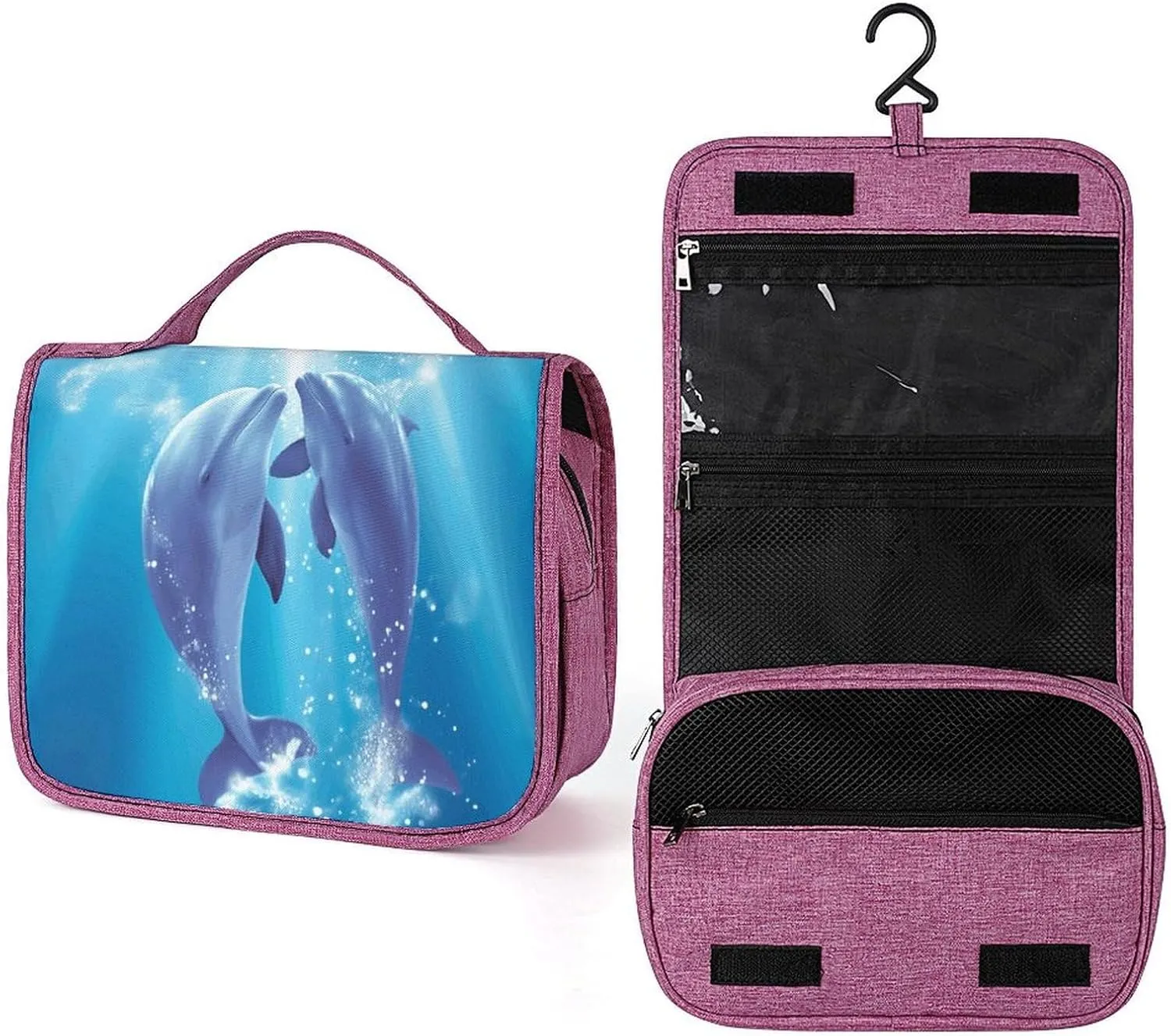 Dolphins in Love Travel Toiletry Bag for Women,Hanging Toiletry Organizer with Hook, Makeup Bag Travel Organizer for Shampoo,Toiletriesl