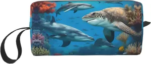 Dolphins Sea Turtle Shark Octopus Coral Reef print Large Capacity Travel Makeup Case Organizer Makeup Bag Portable Cosmetic Bag For Women