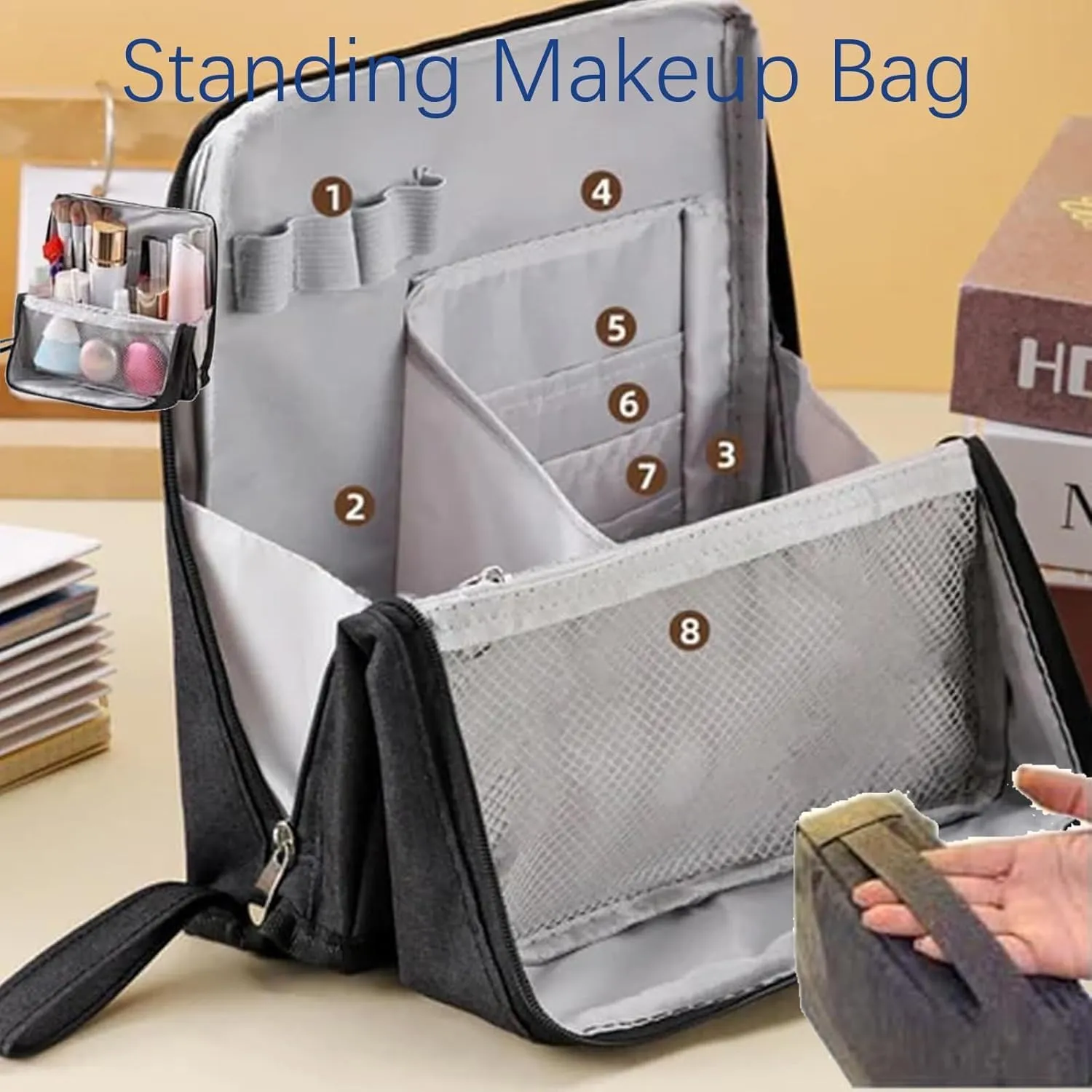 Doresty Makeup Bag, Multi-purpose Large Capacity Oxford Cloth Standing Makeup Bag, Standing Makeup Bags – Portable, Large Capacity (Black)