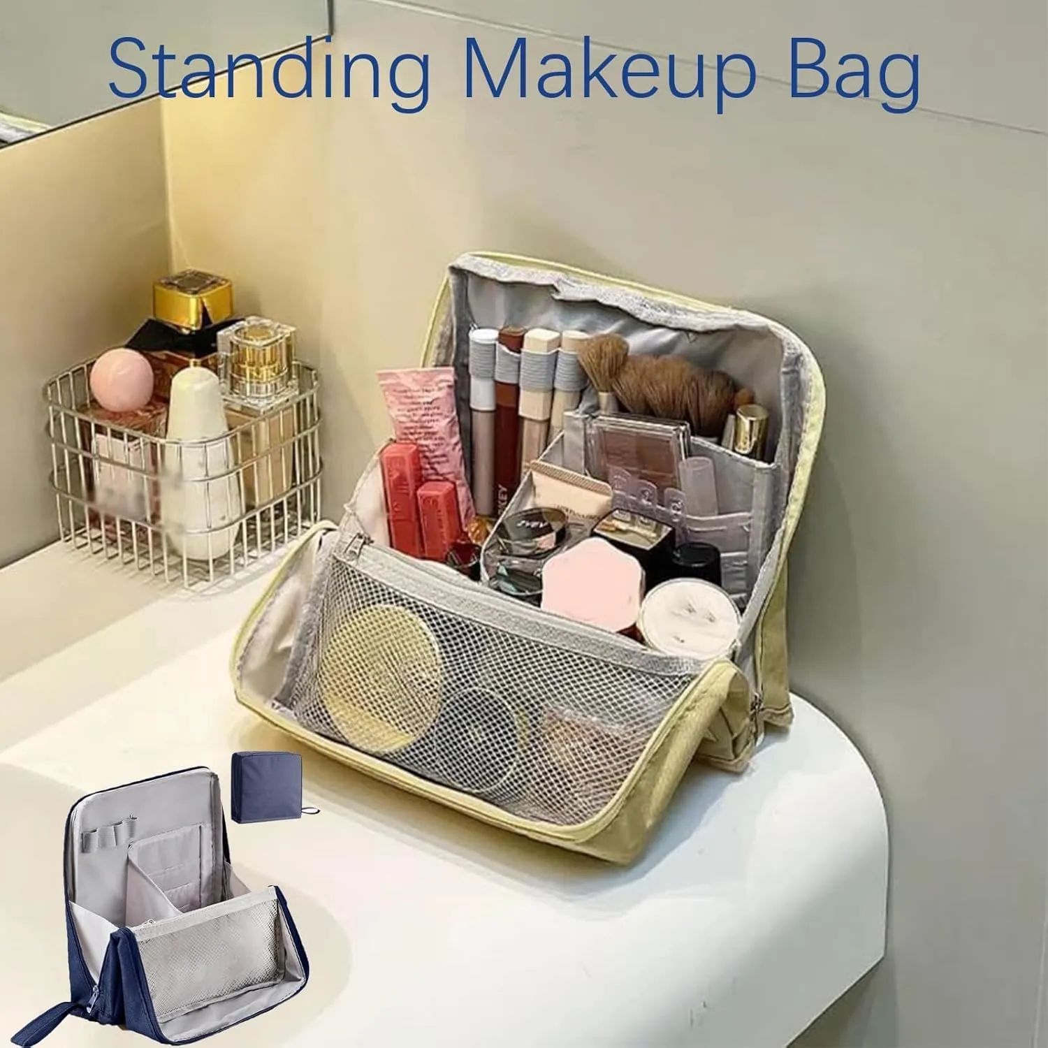 Doresty Makeup Bag, Multi-purpose Large Capacity Oxford Cloth Standing Makeup Bag, Standing Makeup Bags – Portable, Large Capacity (Black)