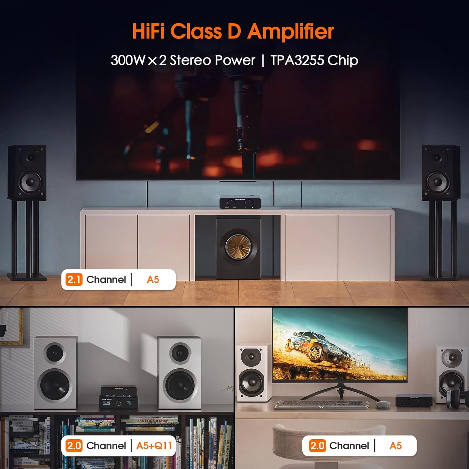 Douk Audio A5 2 Channel TPA3255 Stereo Amp, 300 Watts x2 Mini Hi-Fi Audio Power Amplifier Class D for Home Theater System, Passive Bookshelf Tower Speakers with High-Pass Filter   32V Power Supply