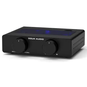 Douk Audio A5 2 Channel TPA3255 Stereo Amp, 300 Watts x2 Mini Hi-Fi Audio Power Amplifier Class D for Home Theater System, Passive Bookshelf Tower Speakers with High-Pass Filter   32V Power Supply
