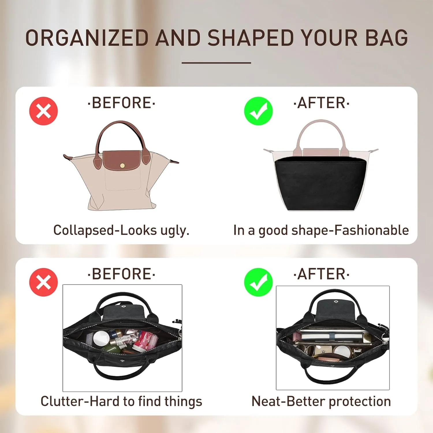 Doxo Purse Organizer Insert for le pliage Tote, Extra Lightweight Waterproof le pliage Large Organizer with YKK Zip, Bag Organizer Insert Compatible with Long Champ Shoulder Bag Large(Full Black,L)