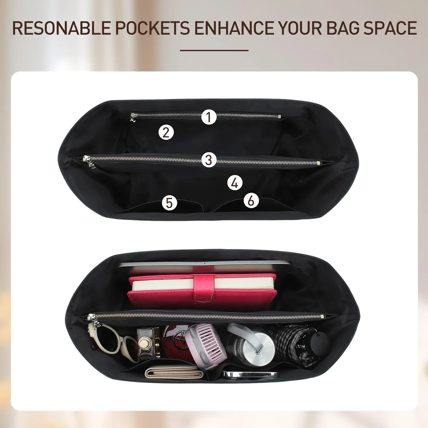 Doxo Purse Organizer Insert for le pliage Tote, Extra Lightweight Waterproof le pliage Large Organizer with YKK Zip, Bag Organizer Insert Compatible with Long Champ Shoulder Bag Large(Full Black,L)