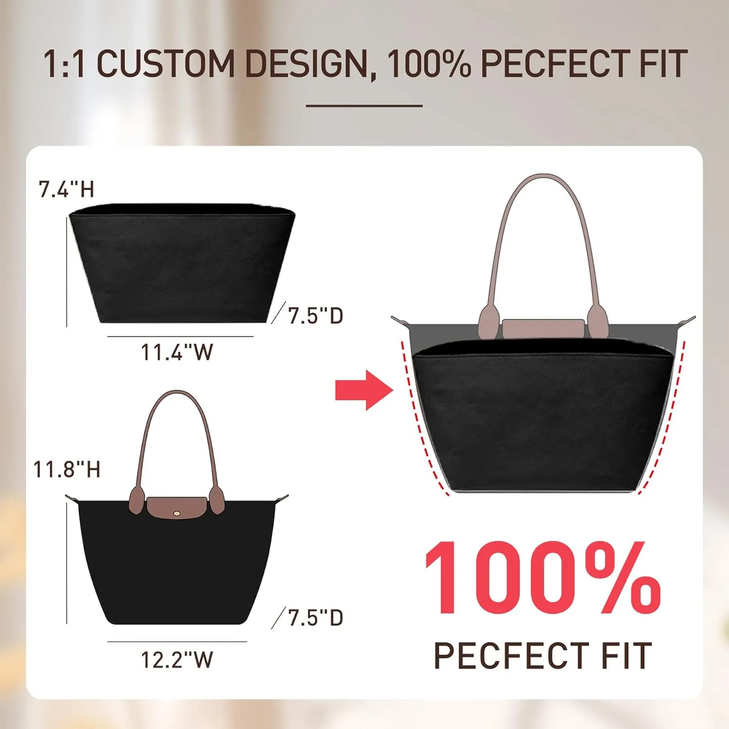 Doxo Purse Organizer Insert for le pliage Tote, Extra Lightweight Waterproof le pliage Large Organizer with YKK Zip, Bag Organizer Insert Compatible with Long Champ Shoulder Bag Large(Full Black,L)