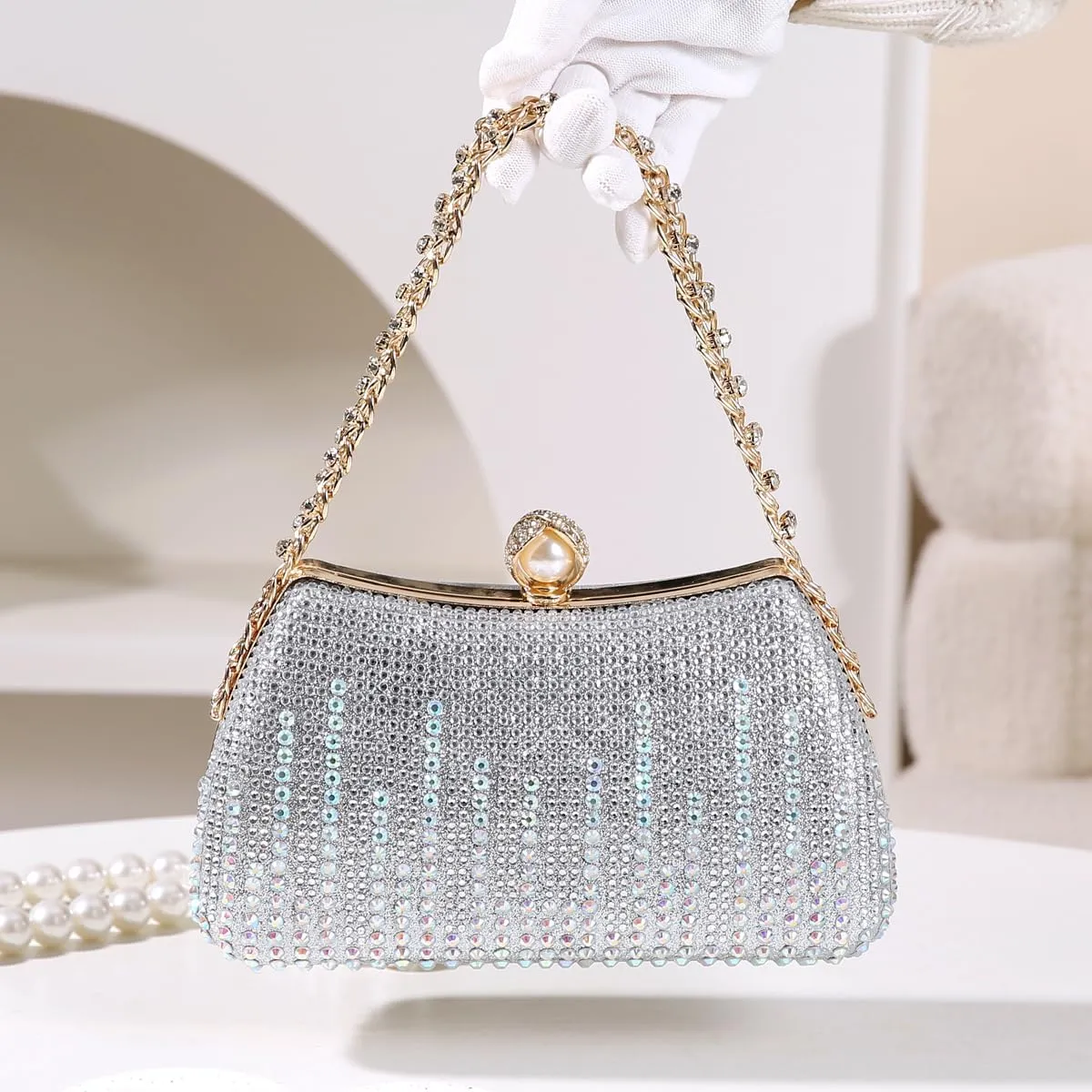 Dreubea Womens Fashion Rhinestone Evening Handbag with Chain Shiny Tote Clutch Bag