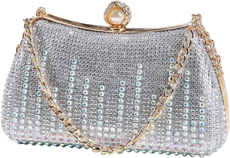 Dreubea Womens Fashion Rhinestone Evening Handbag with Chain Shiny Tote Clutch Bag