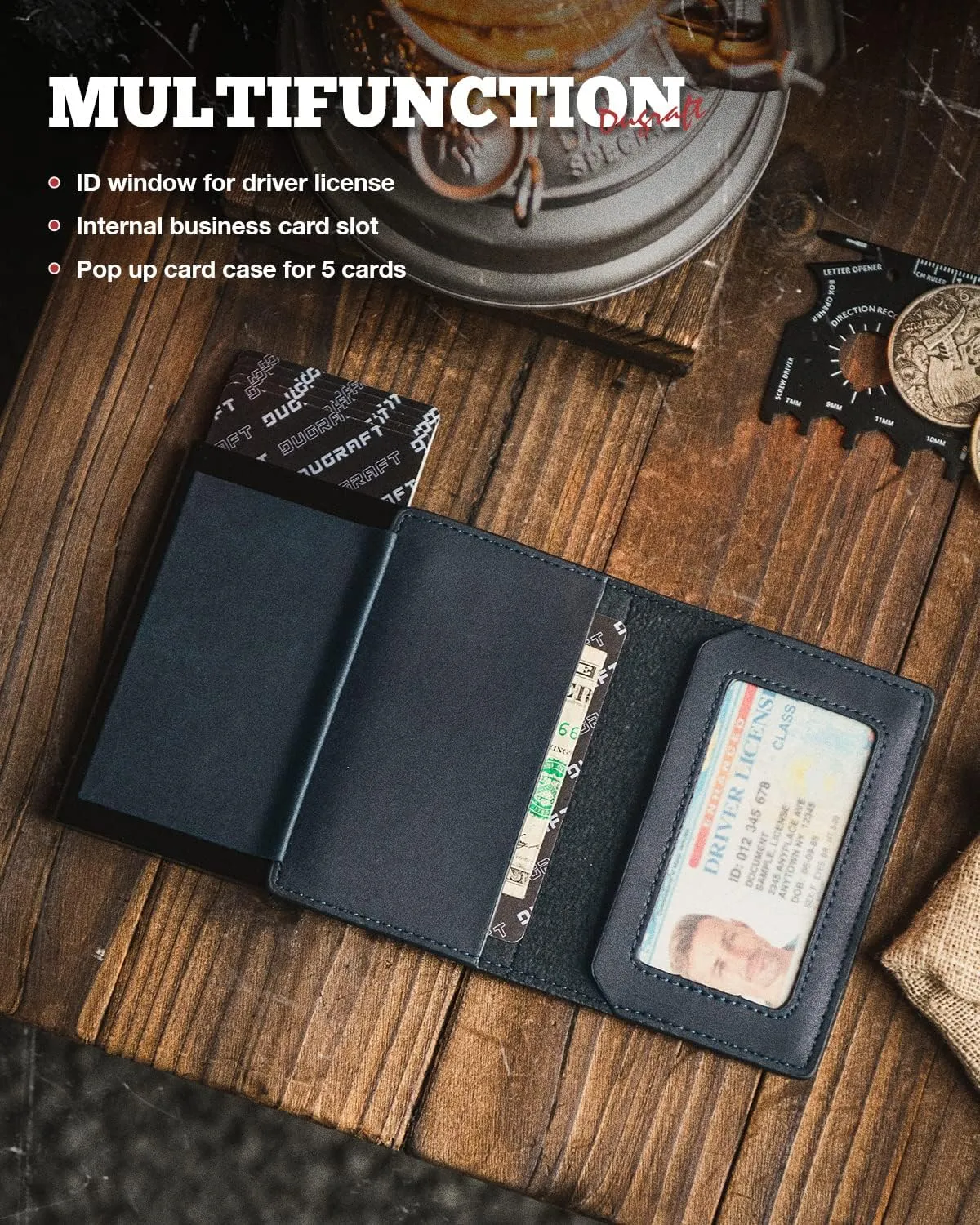 DUGRAFT Slim Card Holder for 10 Cards with Aluminum POP UP Credit Card Ejector RFID Blocking, ID Window and 4 Card Slots, Minimalist Front Pocket Wallet for Men, Blue