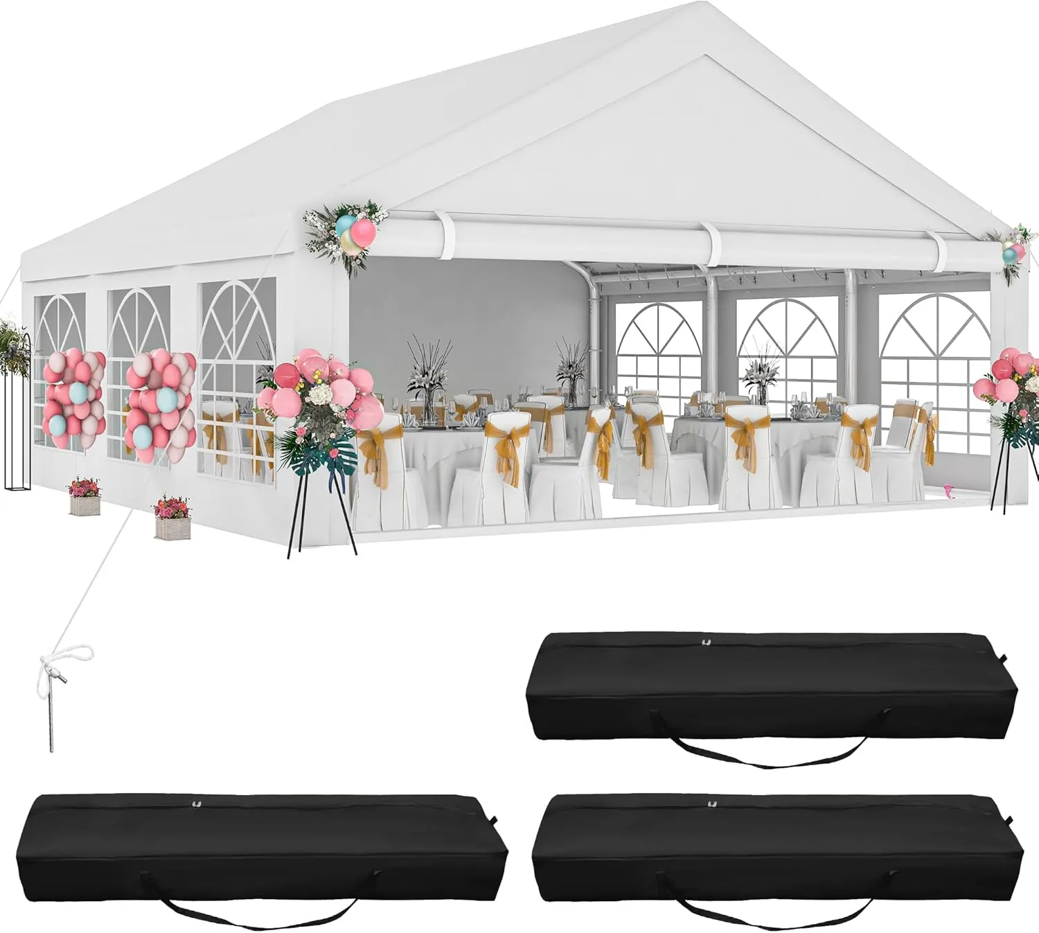 DWVO 20x20ft Party Tent Outdoor Heavy Duty Wedding Event Shelters Galvanized Canopy with Upgraded Large Roof, Removable PVC Sidewalls & 3 Storage Bags, White