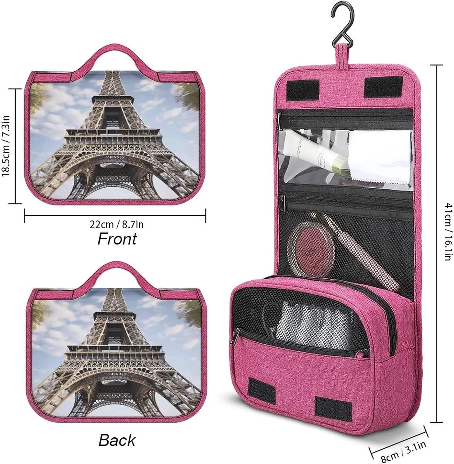 Eiffel Tower French Paris Monument Travel Toiletry Bag for Women,Hanging Toiletry Organizer with Hook, Makeup Bag Travel Organizer for Shampoo,Toiletriesl