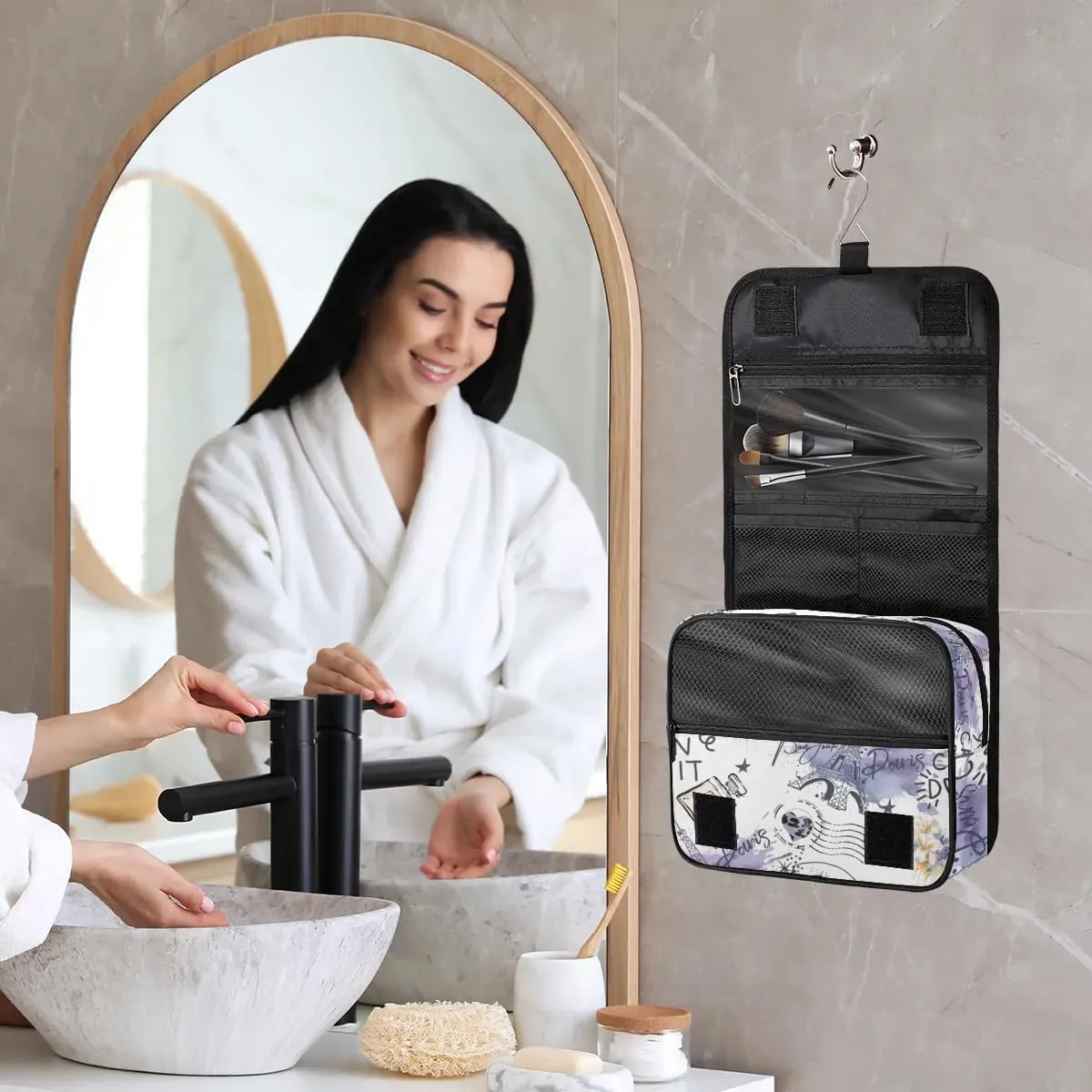 Eiffel Tower Hanging Travel Toiletry Bag - Waterproof Organizer Makeup Bag with Sturdy Hook, Toiletries Portable Cosmetic Bag, Large Capacity Toiletry Kit for Women Men