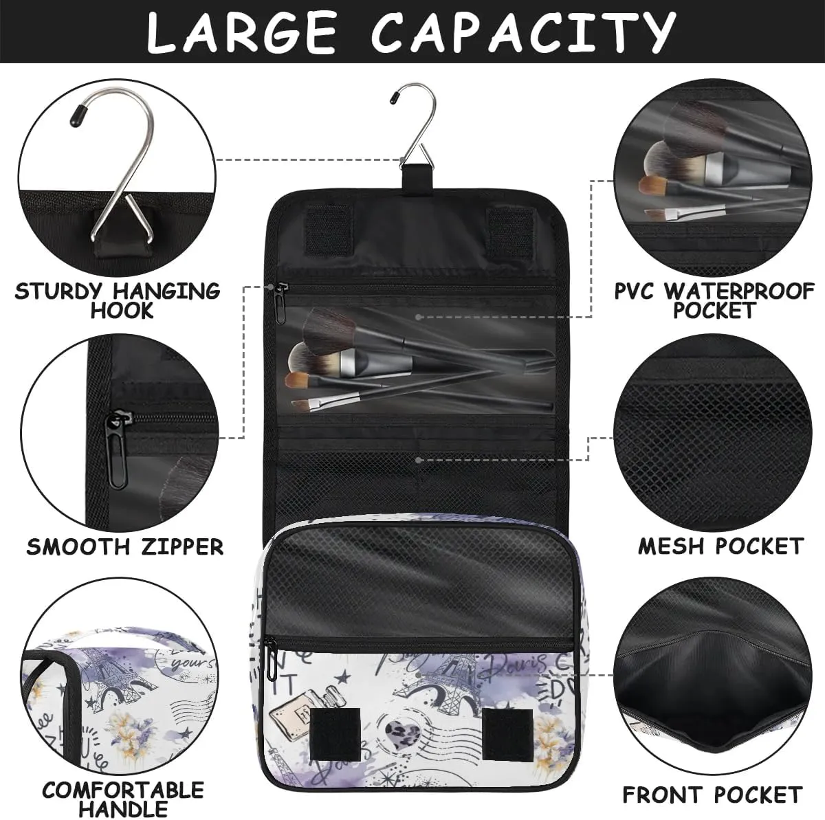 Eiffel Tower Hanging Travel Toiletry Bag - Waterproof Organizer Makeup Bag with Sturdy Hook, Toiletries Portable Cosmetic Bag, Large Capacity Toiletry Kit for Women Men