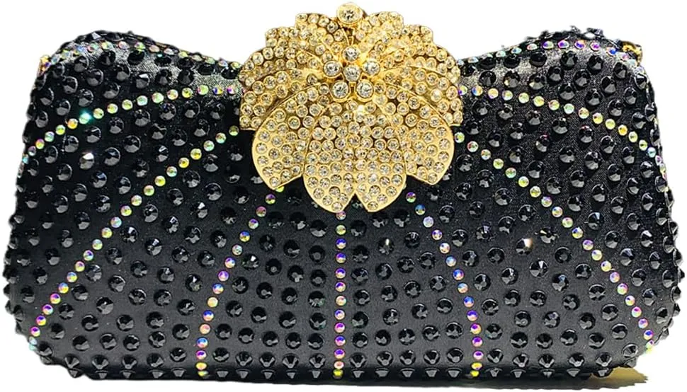 Elegant Ladies Diamond Evening Clutch Floral Handbag Crystal Shoulder Bag Sparkly Women Purse for Cocktail Party Prom