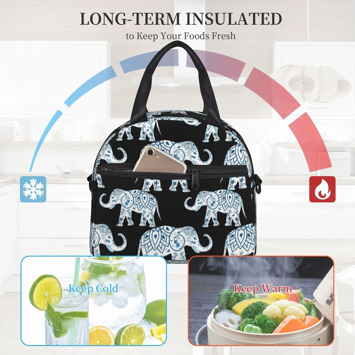 Elephant Print Crossbody Insulated Lunch Bags For Women Men Cooler Bag Lightweight Waterproof Lunch Box