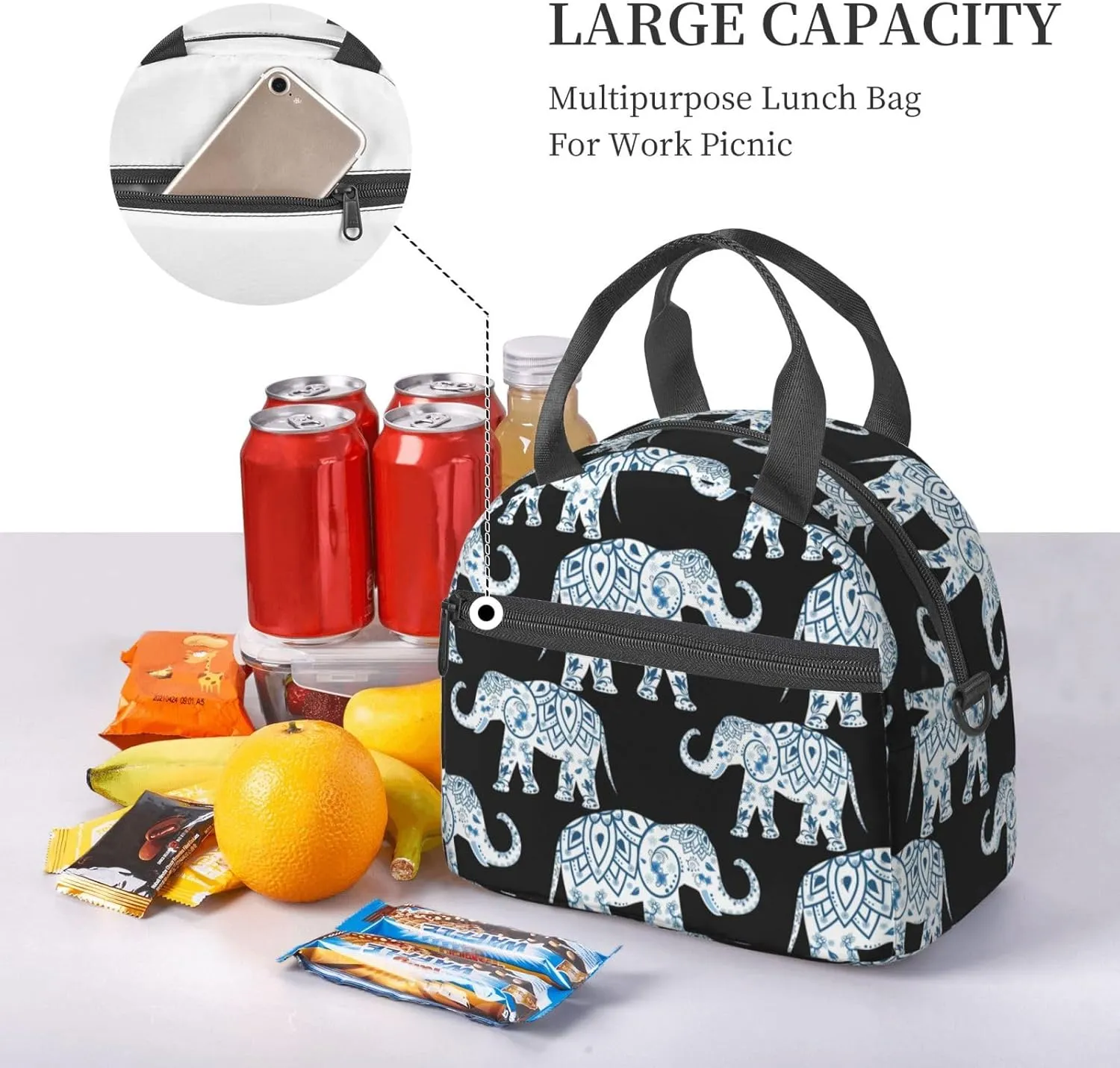 Elephant Print Crossbody Insulated Lunch Bags For Women Men Cooler Bag Lightweight Waterproof Lunch Box