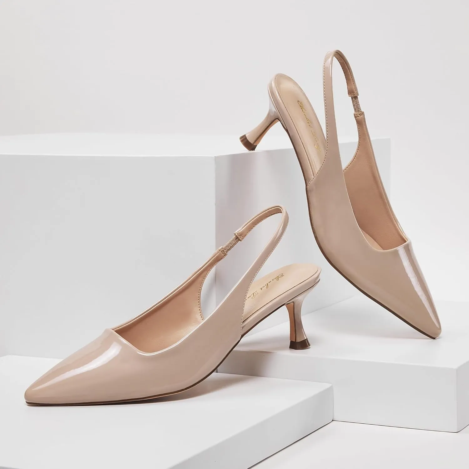 Elisabet Tang 2IN Trendy Closed Toe Slingback Kitten Heels for Women Low Dressy Pumps Wide Width Sexy for Prom
